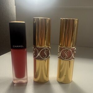 CHANEL Pink Lip Gloss and YSL Gold Lipsticks